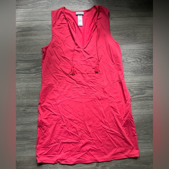Tommy Bahama Coral Sleeveless V Neck Tassel Pockets Nylon Blend Summer Dress M - Picture 1 of 7